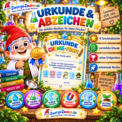 Chemie-Profi-Urkunde und sechs Forscherabzeichen im ZwergeZauber Chemie-Abenteuer für kleine Forscher von 5–9 Jahren