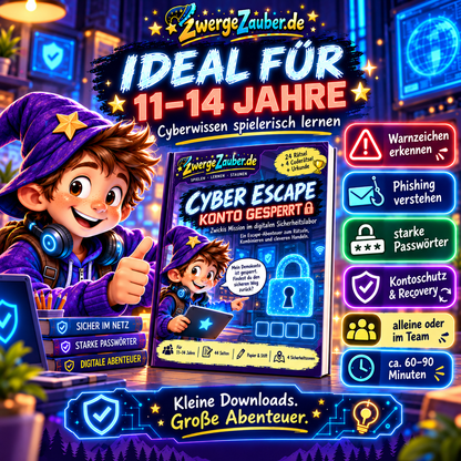 Cyber Escape Rätselabenteuer für Jugendliche von 11 bis 14 Jahren – Phishing erkennen, starke Passwörter verstehen und Kontoschutz spielerisch lernen.