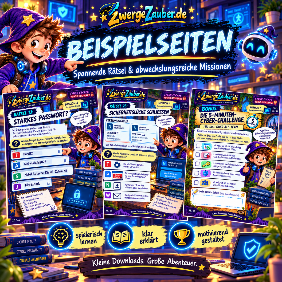 Beispielseiten aus Cyber Escape Konto gesperrt mit Rätseln zu sicheren Passwörtern, Sicherheitsupdates und der Cyber-Challenge für Jugendliche.