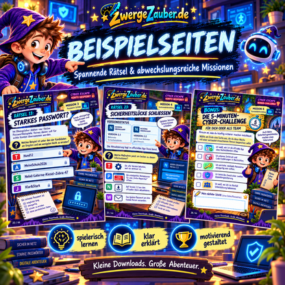 Beispielseiten aus Cyber Escape Konto gesperrt mit Rätseln zu sicheren Passwörtern, Sicherheitsupdates und der Cyber-Challenge für Jugendliche.