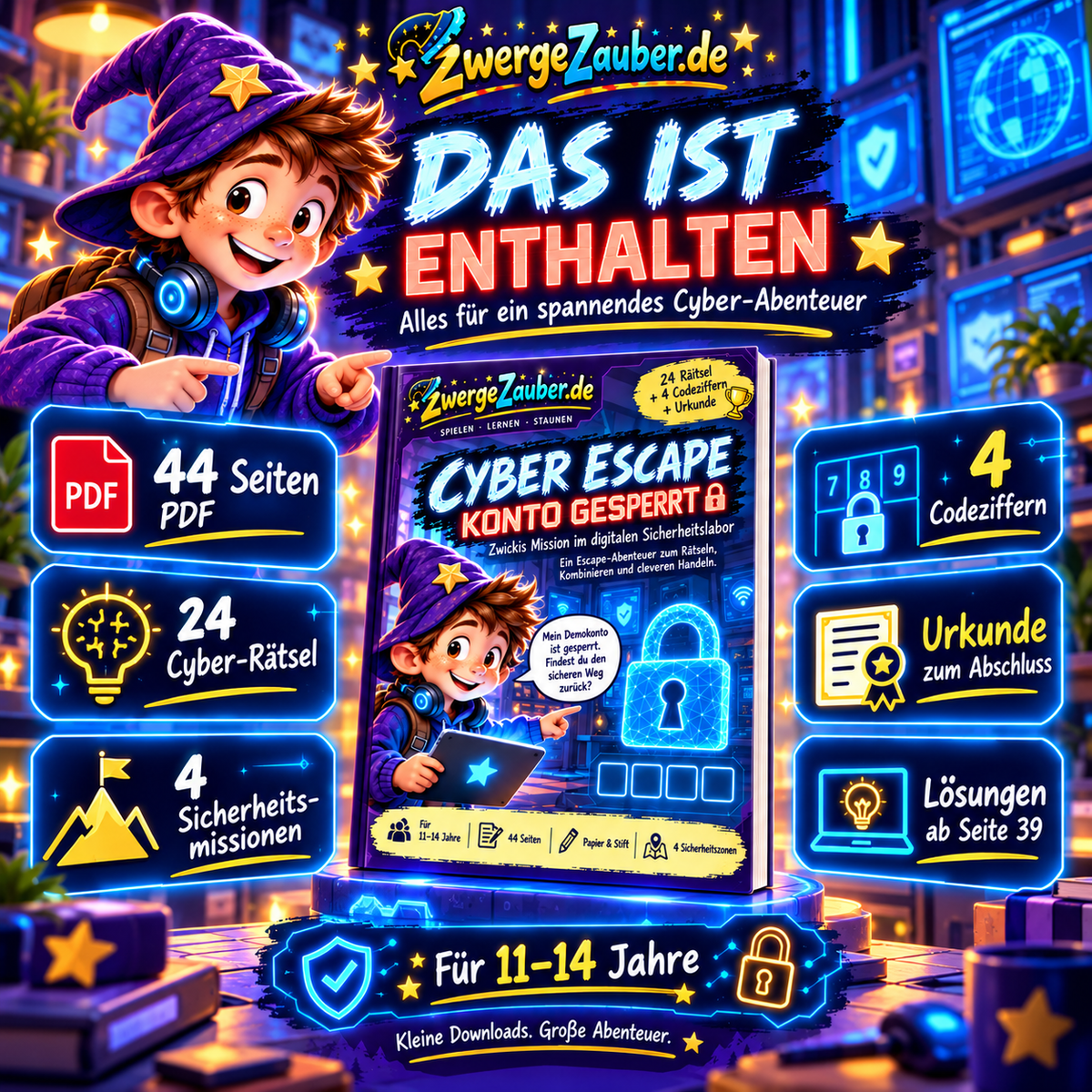 Das ist enthalten im Cyber Escape PDF von ZwergeZauber – 44 Seiten, 24 Rätsel, vier Sicherheitsmissionen, vier Codeziffern, Lösungen und Urkunde.