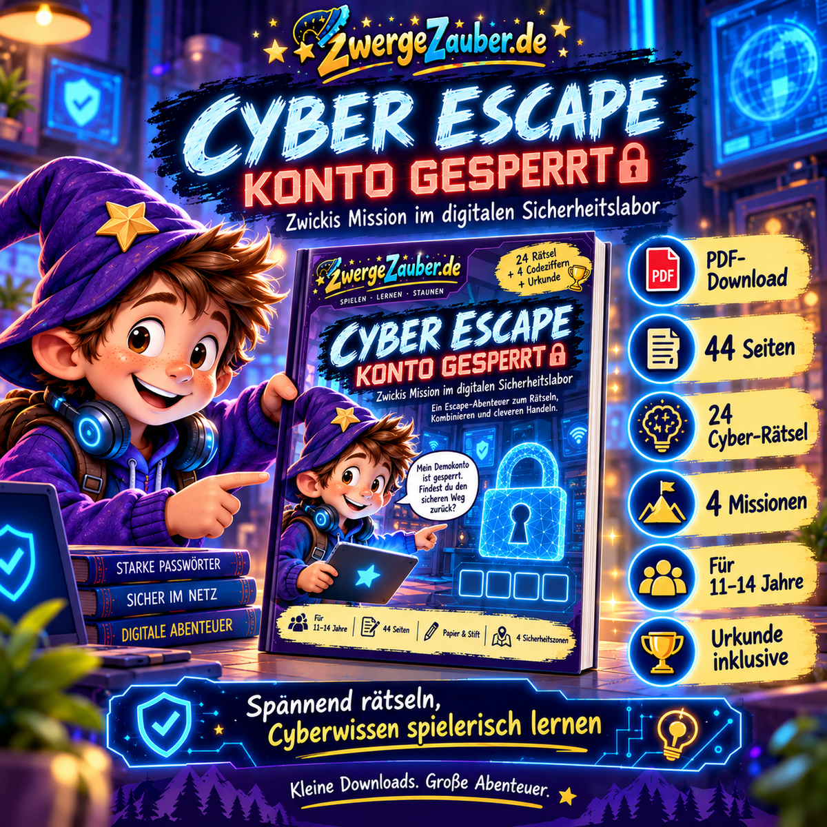 ZwergeZauber Cyber Escape Konto gesperrt – digitales Rätselabenteuer mit Zwicki, 44 Seiten, 24 Cyber-Rätseln und vier Missionen für 11–14 Jahre.