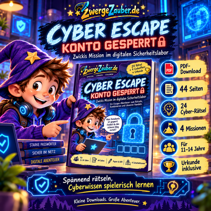 ZwergeZauber Cyber Escape Konto gesperrt – digitales Rätselabenteuer mit Zwicki, 44 Seiten, 24 Cyber-Rätseln und vier Missionen für 11–14 Jahre.