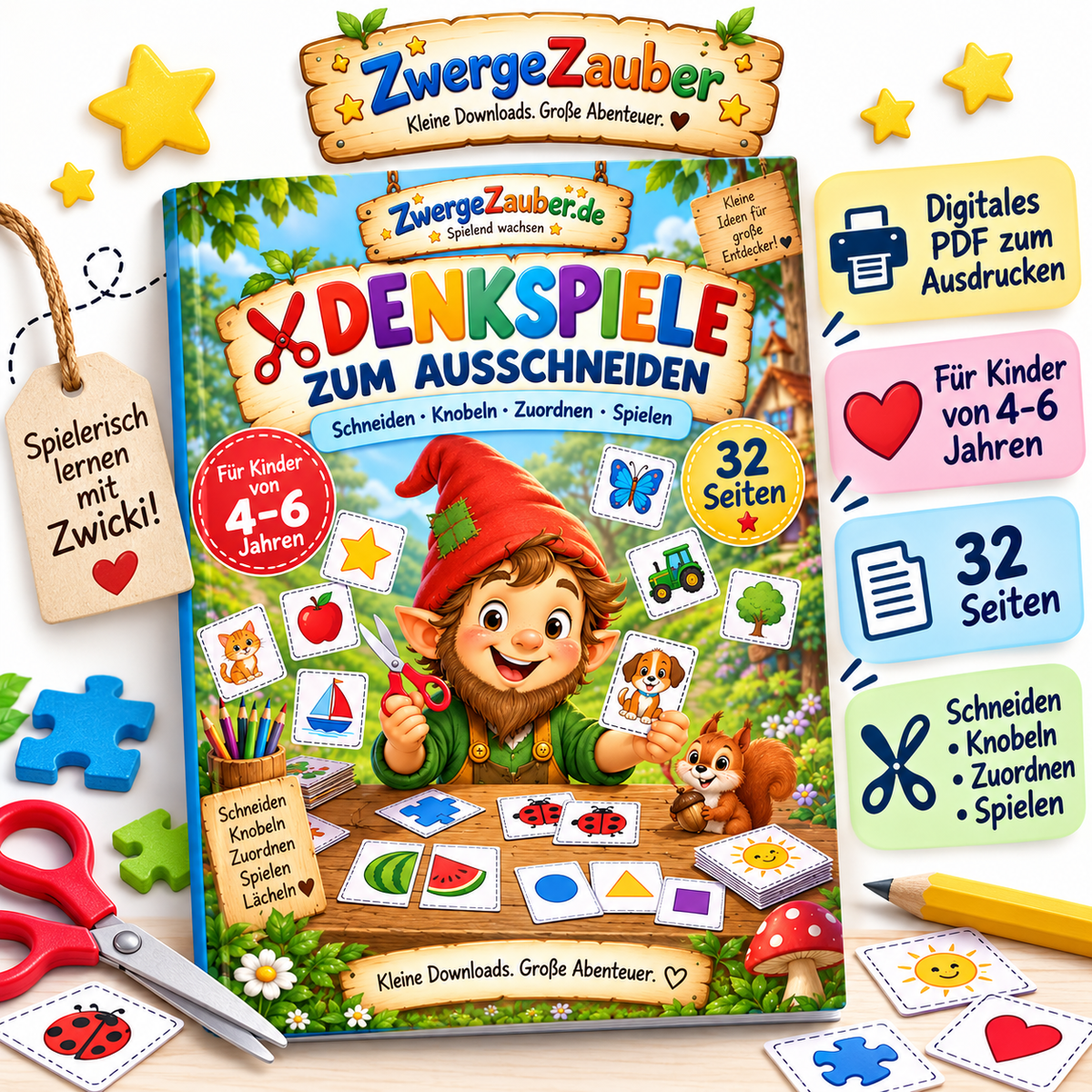 Denkspiele zum Ausschneiden für Kinder von 4–6 Jahren – 32 Seiten mit Zwicki zum Knobeln, Schneiden, Zuordnen und Spielen
