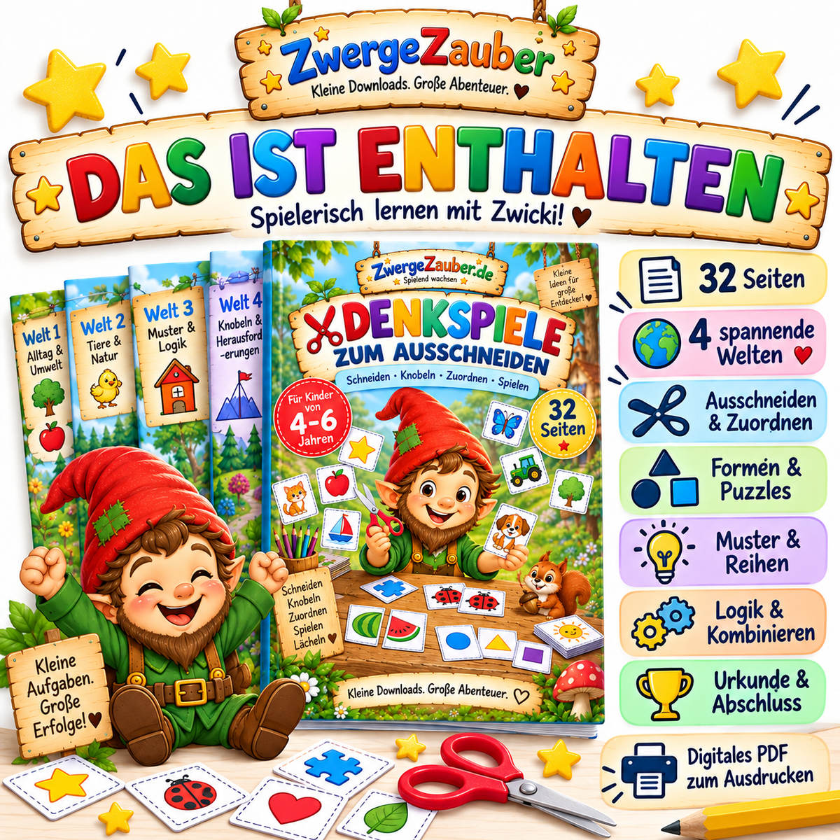 Das ist enthalten im ZwergeZauber Denkspiele PDF – 32 Seiten mit Ausschneidespielen, Formen, Puzzles, Mustern und Logikaufgaben
