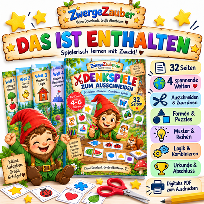 Das ist enthalten im ZwergeZauber Denkspiele PDF – 32 Seiten mit Ausschneidespielen, Formen, Puzzles, Mustern und Logikaufgaben