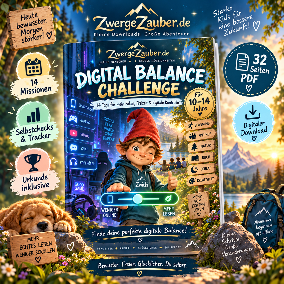 Digital Balance Challenge für Kinder und Jugendliche von 10 bis 14 Jahren – 32-seitiges PDF mit 14 Missionen für mehr Fokus, Freizeit und bewussten Medienumgang