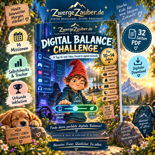Digital Balance Challenge für Kinder und Jugendliche von 10 bis 14 Jahren – 32-seitiges PDF mit 14 Missionen für mehr Fokus, Freizeit und bewussten Medienumgang