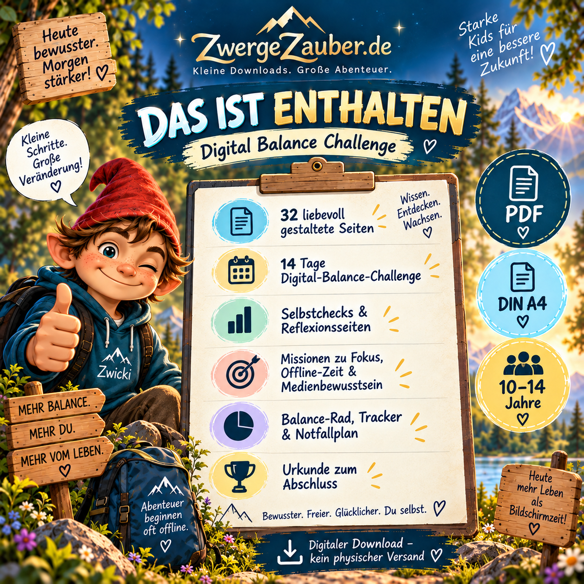 Digital Balance Challenge mit 32 Seiten, 14-Tage-Challenge, Selbstchecks, Reflexionsseiten, Balance-Rad, Trackern, Notfallplan und Urkunde