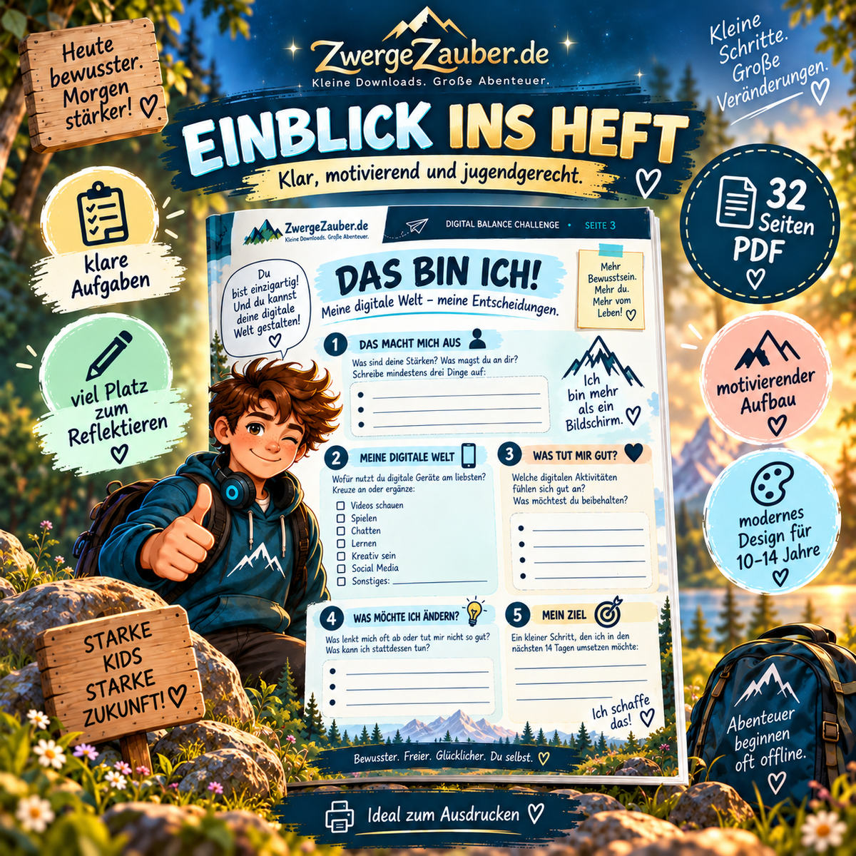 Einblick in die Digital Balance Challenge mit modernen Arbeitsblättern, klaren Aufgaben und Reflexionsfeldern für 10- bis 14-Jährige