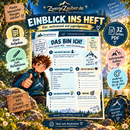 Einblick in die Digital Balance Challenge mit modernen Arbeitsblättern, klaren Aufgaben und Reflexionsfeldern für 10- bis 14-Jährige