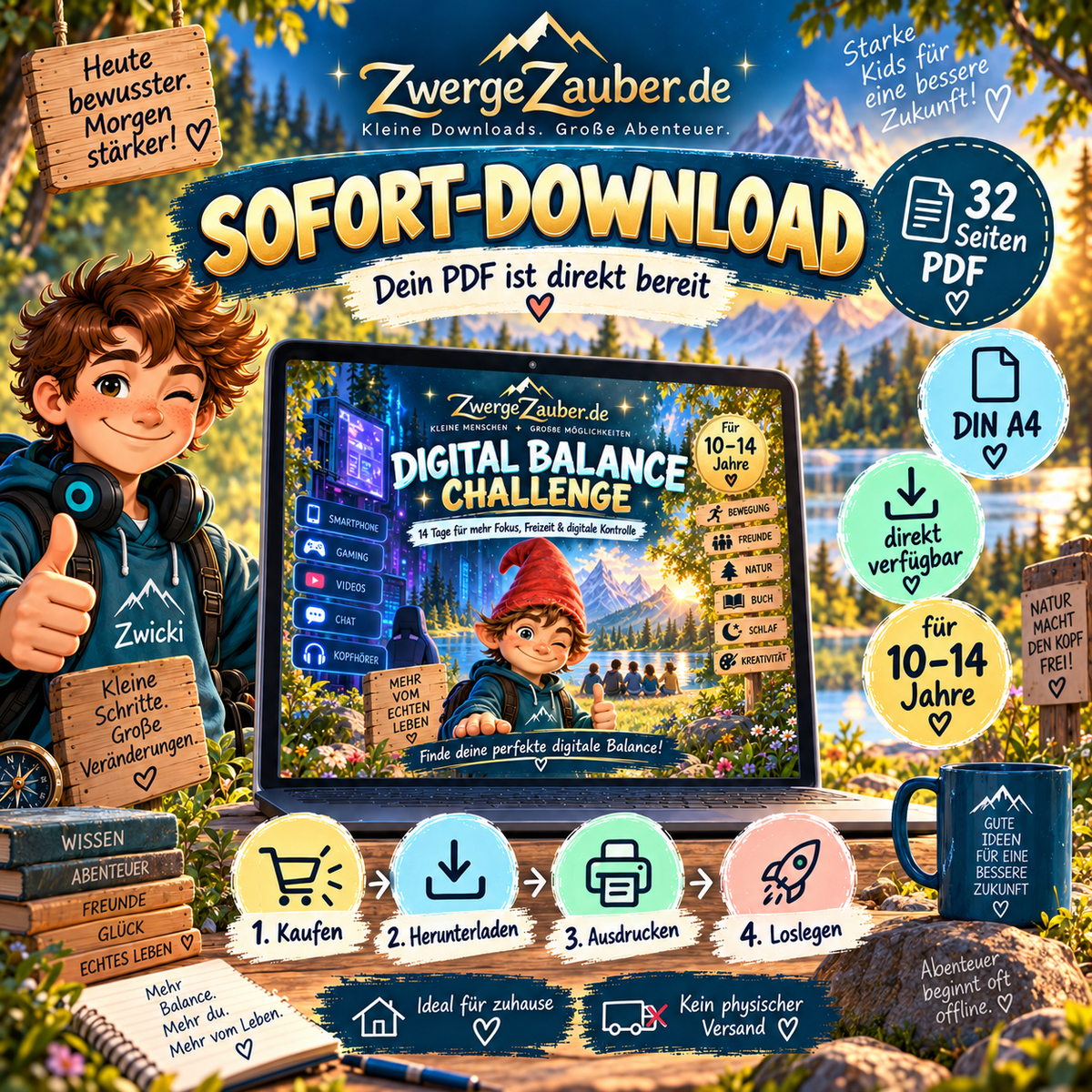 Digital Balance Challenge als sofort verfügbarer PDF-Download in DIN A4 mit 32 Seiten für Kinder und Jugendliche von 10 bis 14 Jahren
