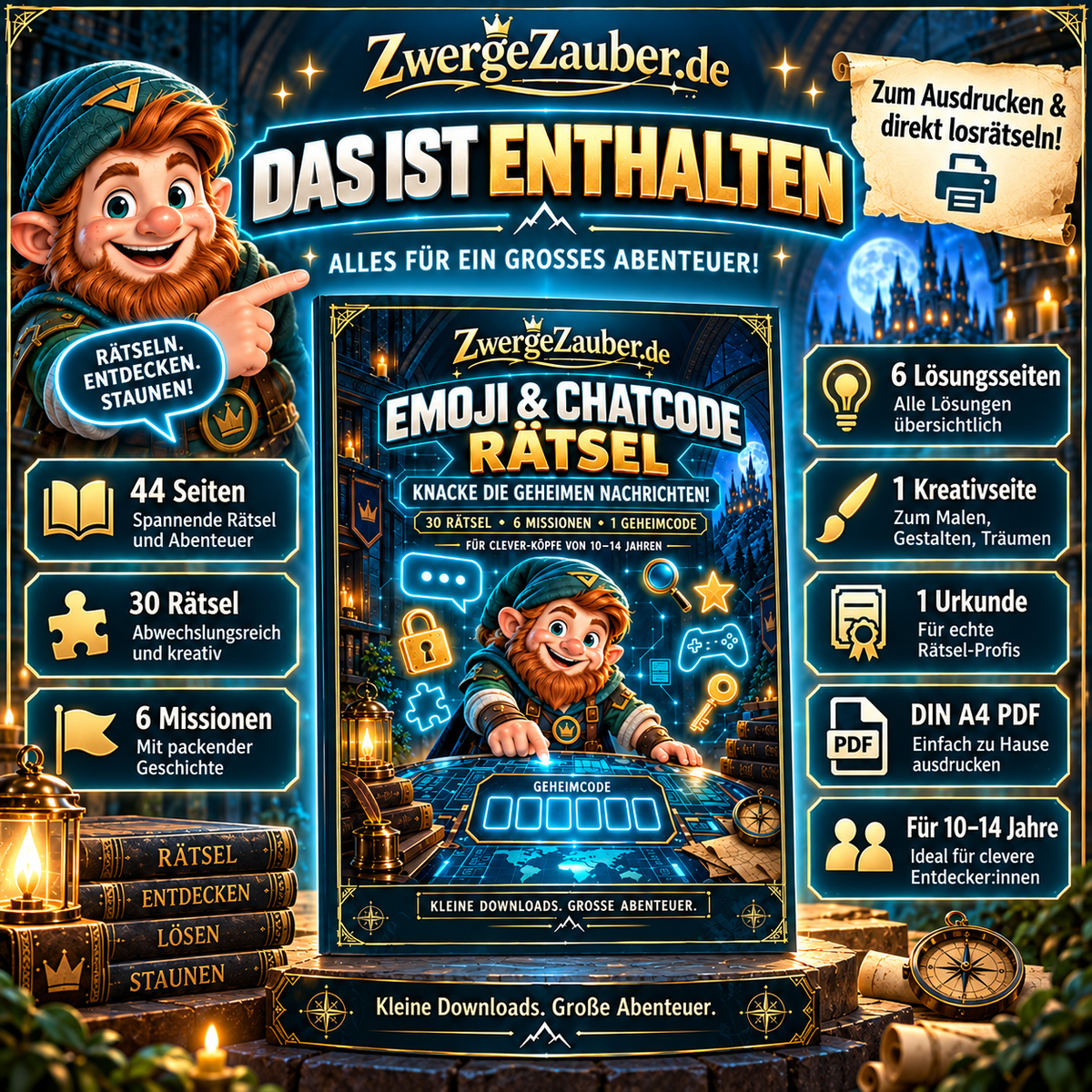 Das ist enthalten im Emoji & Chatcode Rätsel PDF: 44 Seiten, 30 knifflige Rätsel, 6 Missionen, Lösungsseiten, Kreativaufgabe und Abschlussurkunde.