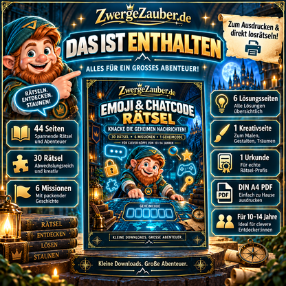 Das ist enthalten im Emoji & Chatcode Rätsel PDF: 44 Seiten, 30 knifflige Rätsel, 6 Missionen, Lösungsseiten, Kreativaufgabe und Abschlussurkunde.