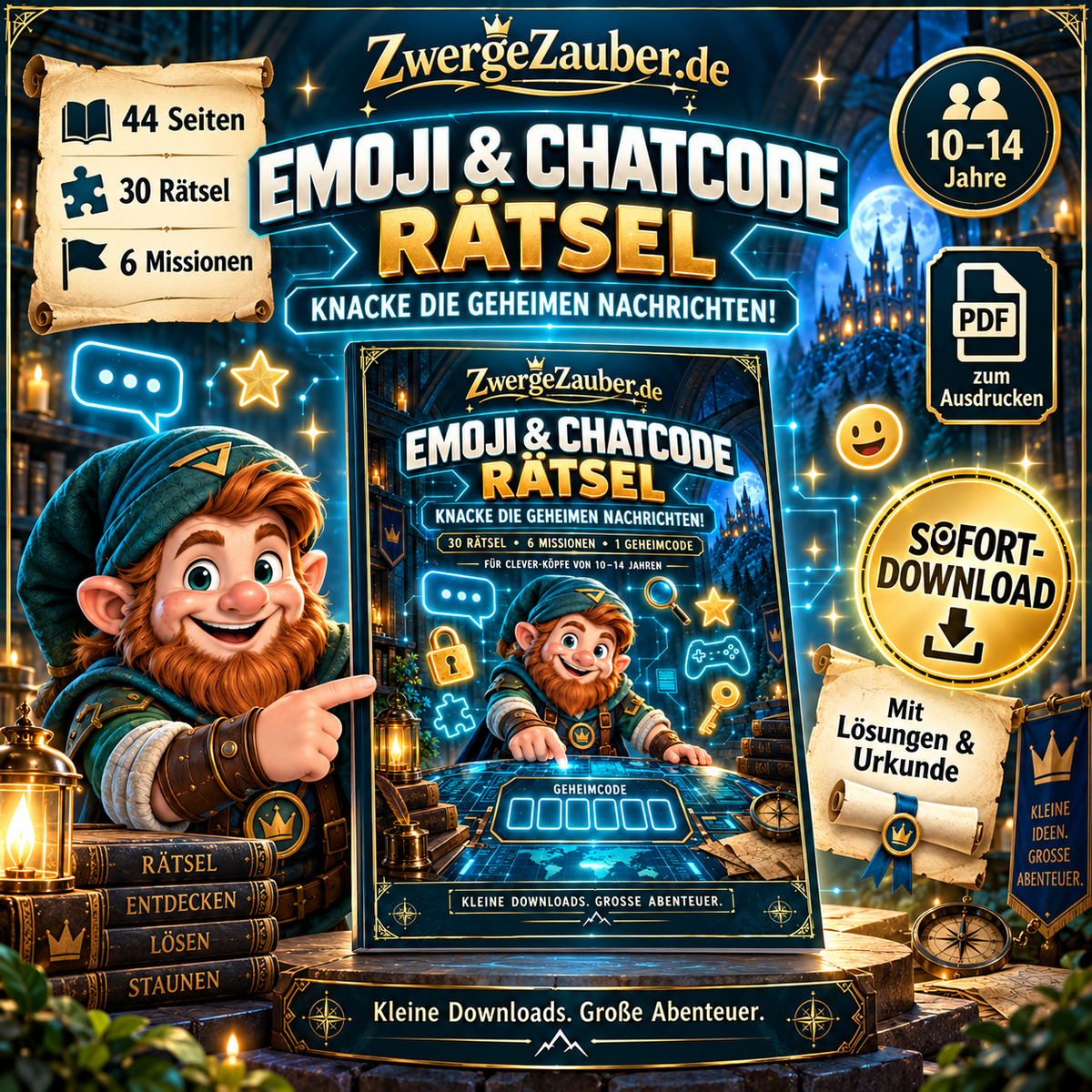 Emoji & Chatcode Rätsel von ZwergeZauber – 44-seitiges PDF-Rätselheft mit 30 Rätseln und 6 Missionen für Kinder von 10 bis 14 Jahren.