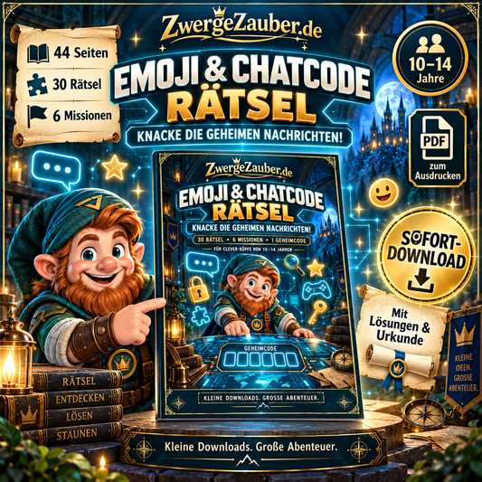 Emoji & Chatcode Rätsel von ZwergeZauber – 44-seitiges PDF-Rätselheft mit 30 Rätseln und 6 Missionen für Kinder von 10 bis 14 Jahren.
