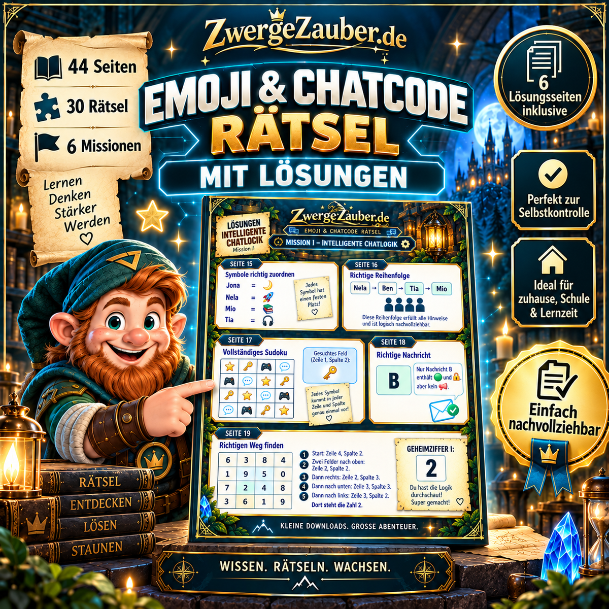 Emoji & Chatcode Rätsel mit sechs ausführlichen Lösungsseiten – Rätsel überprüfen, Geheimcodes nachvollziehen und selbstständig mit Zwicki lernen.