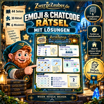 Emoji & Chatcode Rätsel mit sechs ausführlichen Lösungsseiten – Rätsel überprüfen, Geheimcodes nachvollziehen und selbstständig mit Zwicki lernen.
