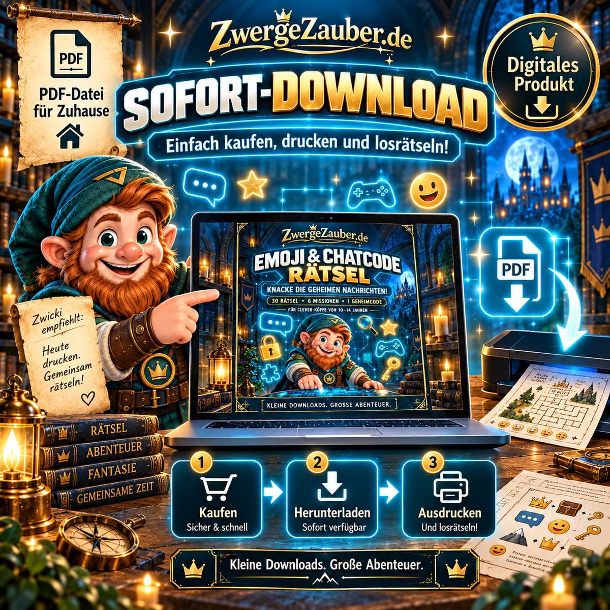 Emoji & Chatcode Rätsel als digitaler Sofort-Download – PDF kaufen, herunterladen, auf DIN A4 ausdrucken und direkt mit Zwickis Rätselabenteuer starten.