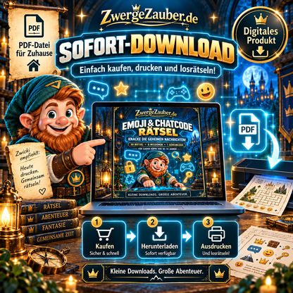 Emoji & Chatcode Rätsel als digitaler Sofort-Download – PDF kaufen, herunterladen, auf DIN A4 ausdrucken und direkt mit Zwickis Rätselabenteuer starten.