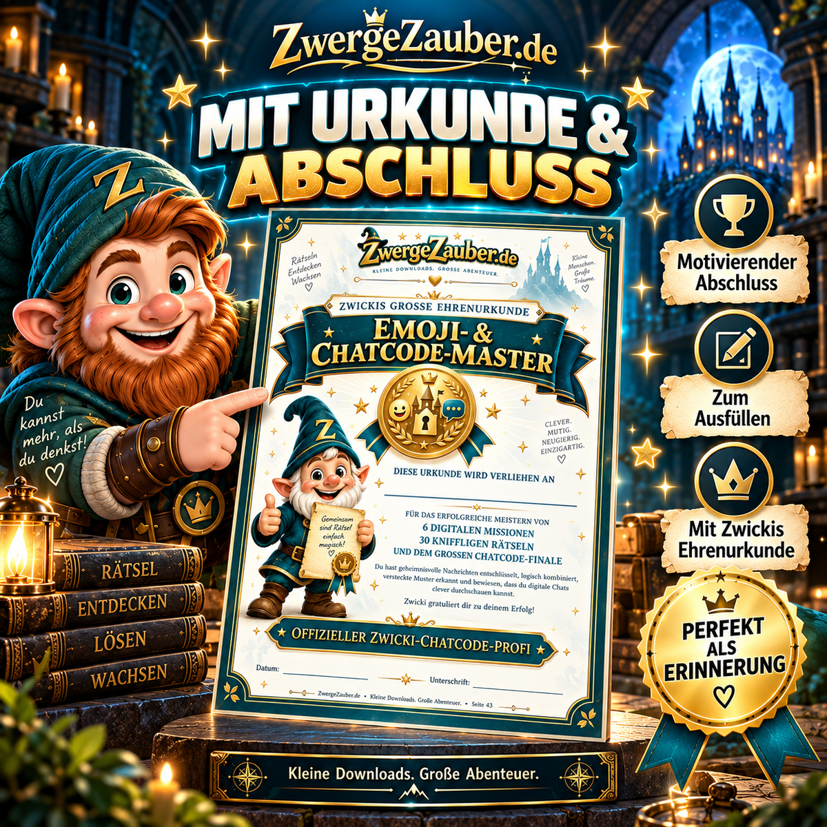 Hochwertige Emoji- und Chatcode-Master-Urkunde von ZwergeZauber zum Ausdrucken – motivierender Abschluss nach 30 Rätseln und sechs Missionen.