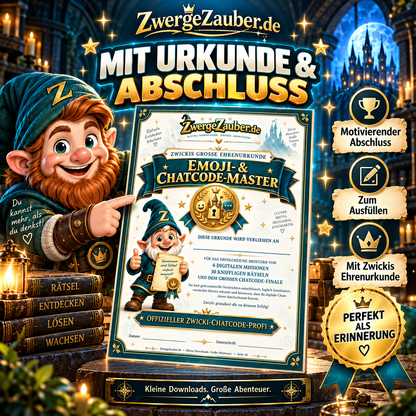 Hochwertige Emoji- und Chatcode-Master-Urkunde von ZwergeZauber zum Ausdrucken – motivierender Abschluss nach 30 Rätseln und sechs Missionen.