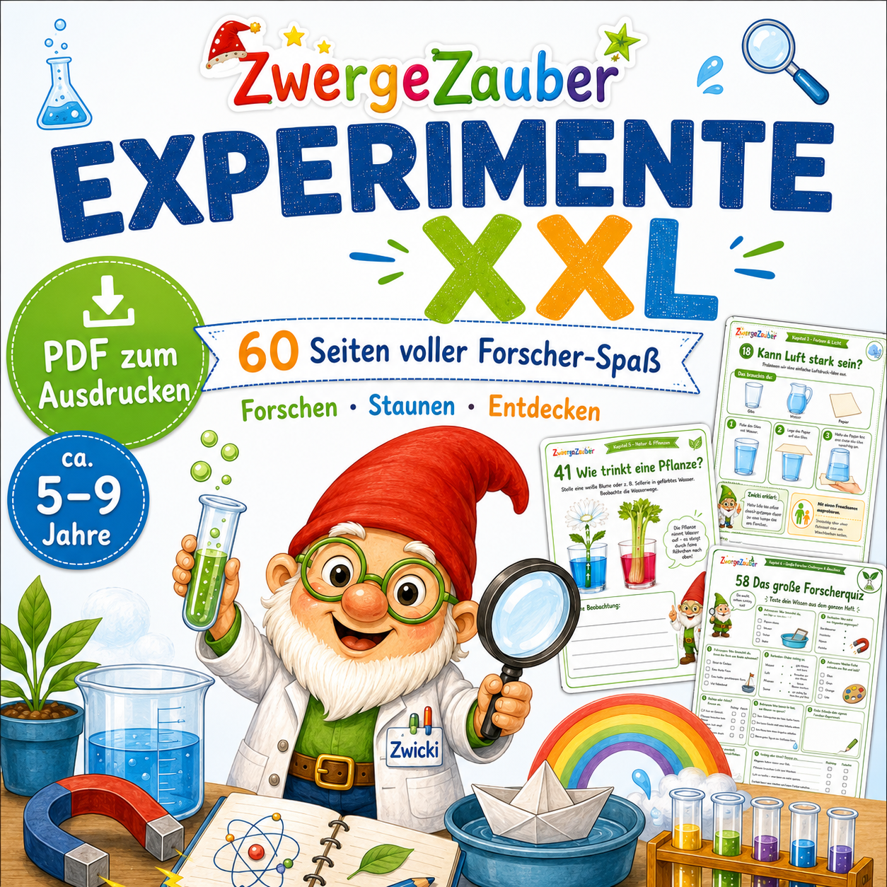 Alt-Text: Experimente XXL für Kinder von ZwergeZauber – 60 Seiten Forscher-Spaß als PDF zum Ausdrucken