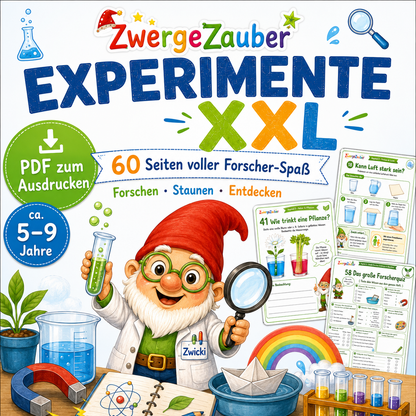 Alt-Text: Experimente XXL für Kinder von ZwergeZauber – 60 Seiten Forscher-Spaß als PDF zum Ausdrucken