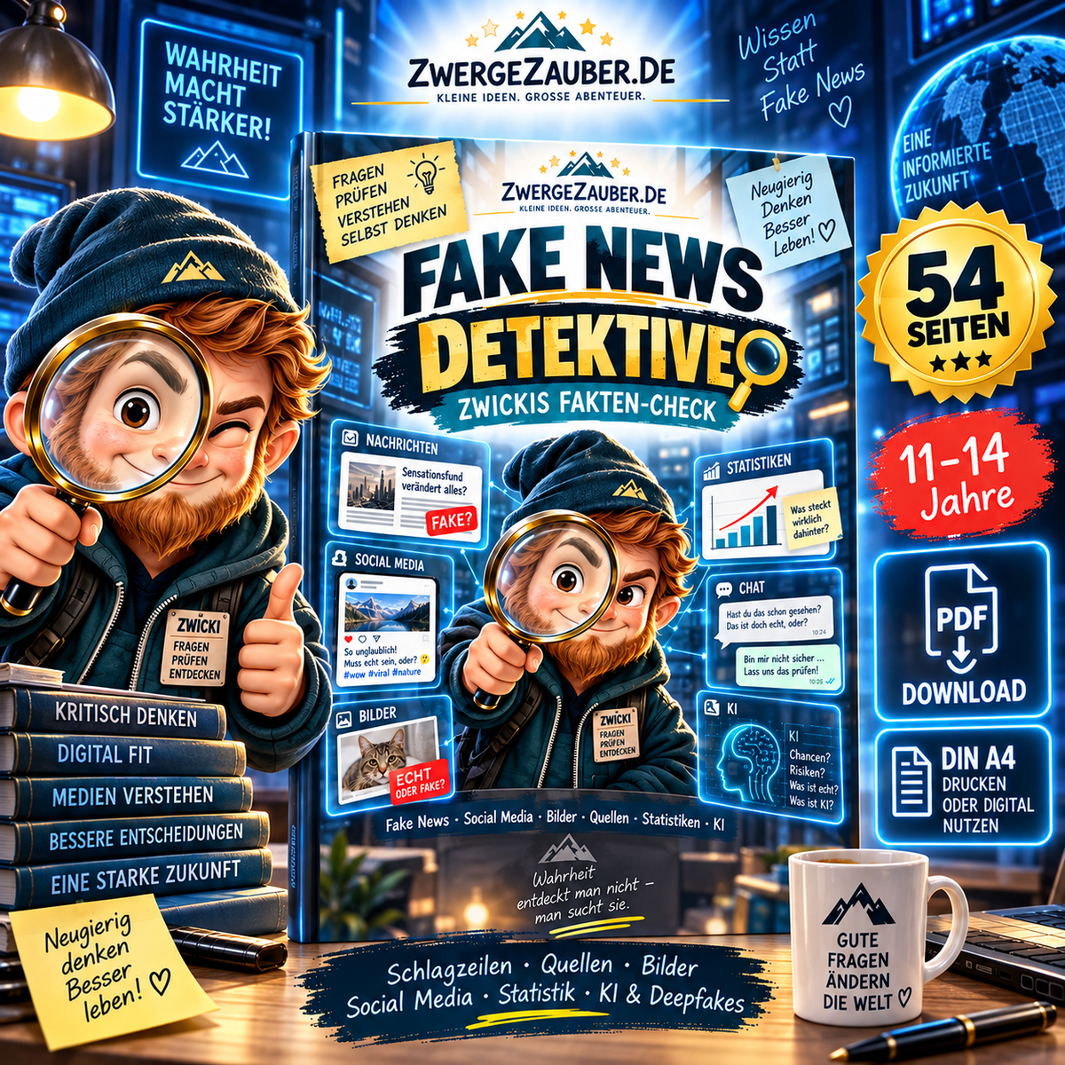 Fake News Detektive: Zwickis Fakten-Check, 54 Seiten PDF für Jugendliche von 11 bis 14 Jahren.