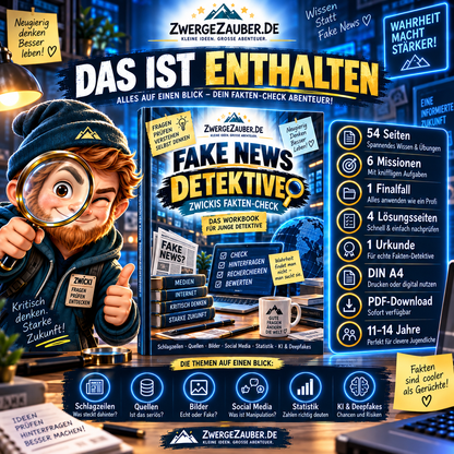 Das ist enthalten: 54 Seiten, 6 Missionen, ein Finalfall, Lösungen und Urkunde bei Fake News Detektive.