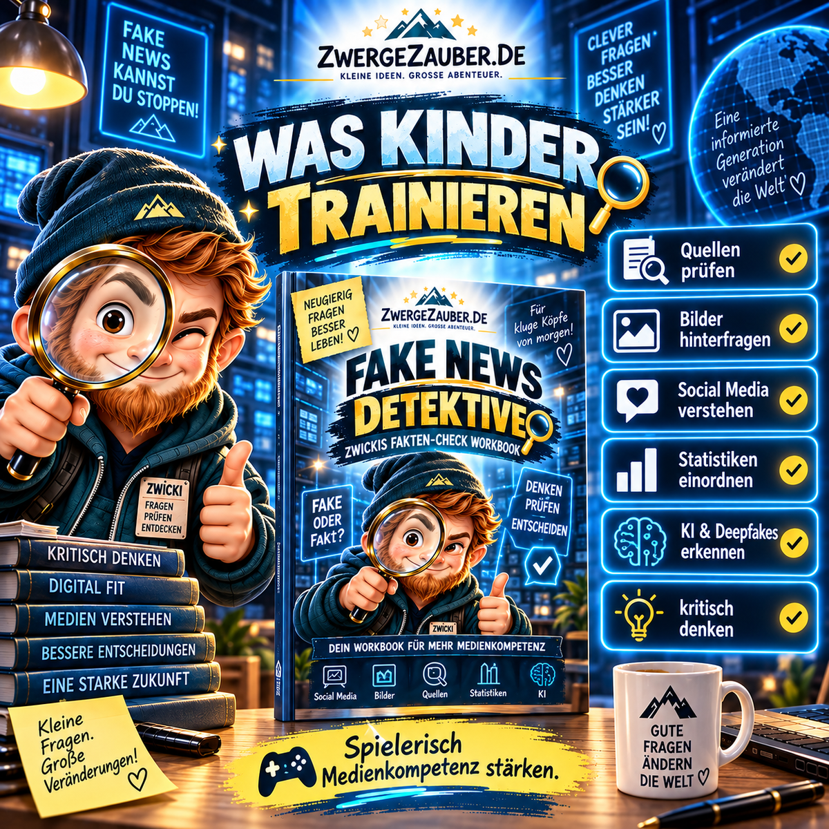 Das lernen Kinder: Quellen und Bilder prüfen, Social Media verstehen, Statistiken einordnen und KI erkennen.