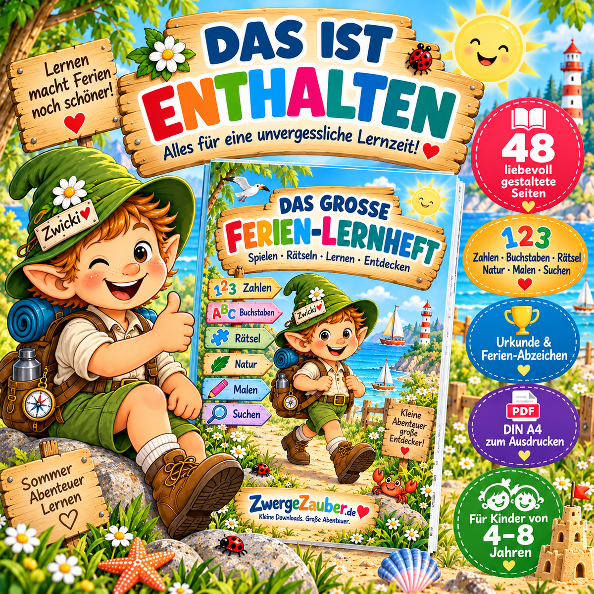 Ferien-Lernheft mit 48 liebevoll gestalteten Seiten für Kinder von 4 bis 8 Jahren mit Zahlen, Buchstaben, Rätseln, Natur, Malen und Suchen