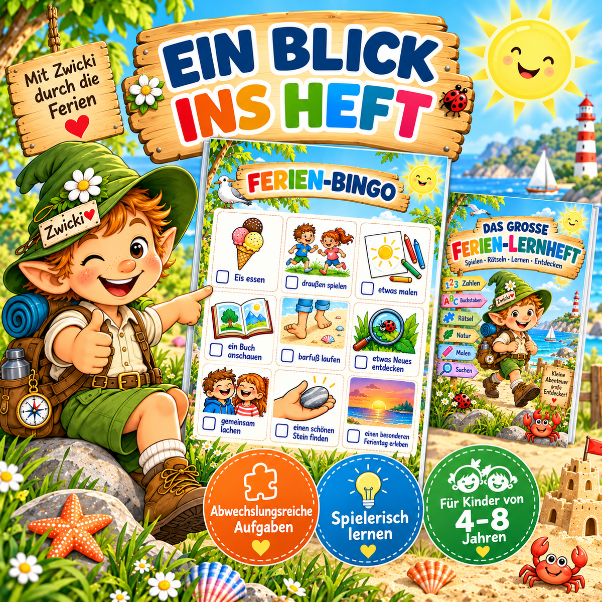 Einblick in das große Ferien-Lernheft mit abwechslungsreichen Lernspielen, Ferien-Bingo, Rätseln und kreativen Aufgaben für Kinder