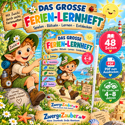 Das große Ferien-Lernheft von ZwergeZauber für Kinder von 4 bis 8 Jahren mit 48 Seiten voller Rätsel, Zahlen, Buchstaben und Ferienabenteuer