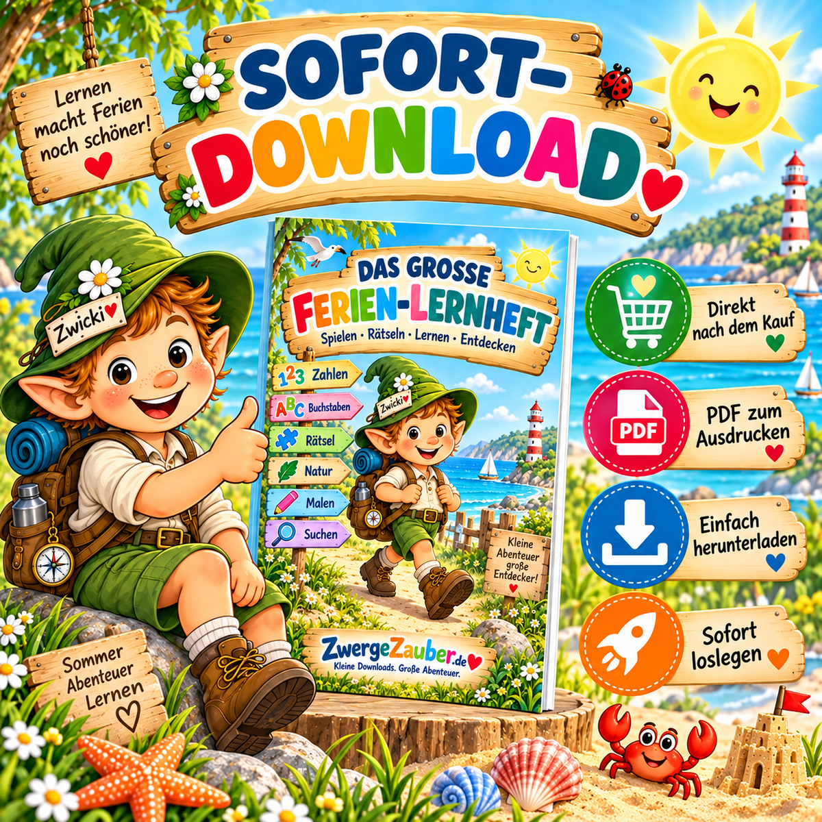 Digitales Ferien-Lernheft als PDF zum Sofort-Download und Ausdrucken für Kinder von 4 bis 8 Jahren