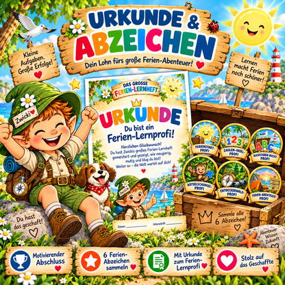 Ferien-Lernheft mit sechs sammelbaren Ferien-Abzeichen und Urkunde zum Ferien-Lernprofi als motivierender Abschluss