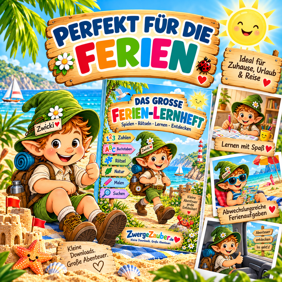 Ferien-Lernheft für Zuhause, Urlaub und Reise mit spielerischen Lernaufgaben und Zwicki für Kinder von 4 bis 8 Jahren