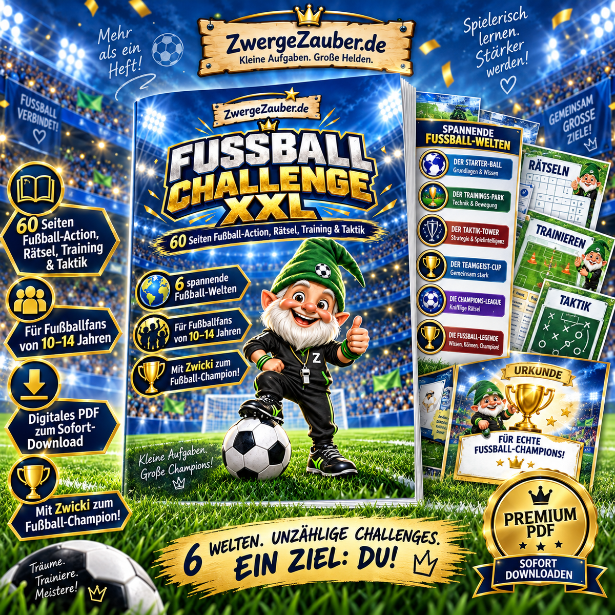 Fußball Challenge XXL von ZwergeZauber.de – 60 Seiten Fußballrätsel, Training und Taktik mit Zwicki für Kinder von 10 bis 14 Jahren.