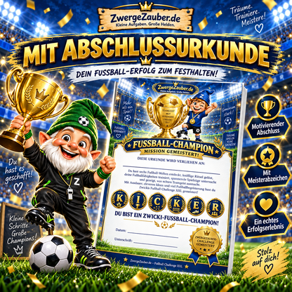 Fußball Challenge XXL mit personalisierbarer Abschlussurkunde, goldenem Pokal, Meisterabzeichen und jubelndem Zwicki.