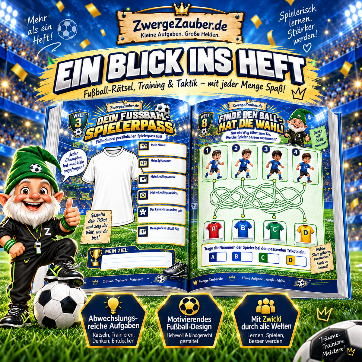 Illustrierter Einblick in das Fußball Challenge XXL Workbook mit Spielerpass, Fußballrätseln, Taktikaufgaben und Maskottchen Zwicki.