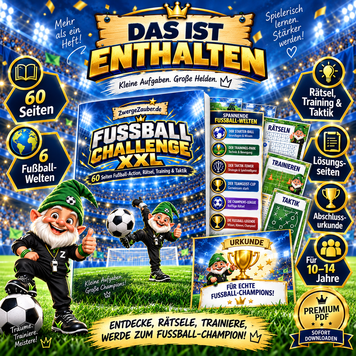 Inhalt der Fußball Challenge XXL mit 60 Seiten, sechs Fußball-Welten, Rätseln, Training, Taktik, Lösungsseiten und Abschlussurkunde.