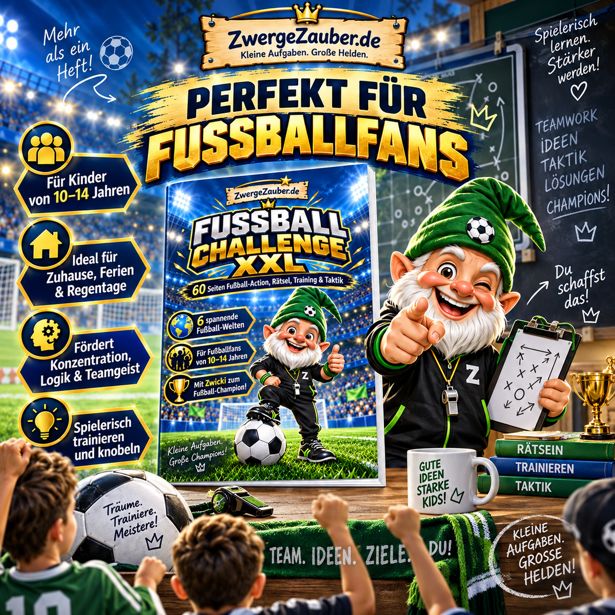 Fußball Challenge XXL für Kinder von 10 bis 14 Jahren mit Zwicki, Fußballrätseln, Training und Taktik für Zuhause und Ferien.