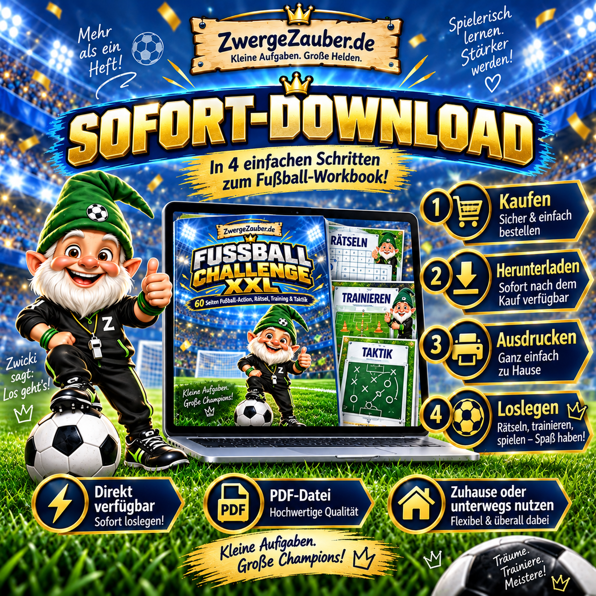 Fußball Challenge XXL als PDF-Sofortdownload auf einem Laptop mit den Schritten Kaufen, Herunterladen, Ausdrucken und Loslegen.