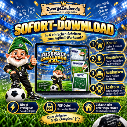 Fußball Challenge XXL als PDF-Sofortdownload auf einem Laptop mit den Schritten Kaufen, Herunterladen, Ausdrucken und Loslegen.