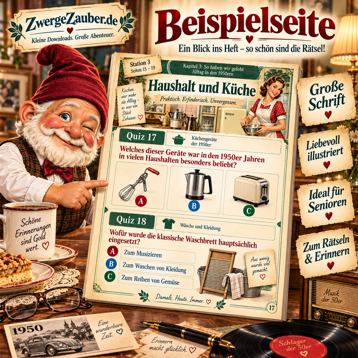 Nostalgisch gestaltetes Werbemotiv mit illustrierten Quiz-Beispielen über Haushaltsgegenstände der 1950er-Jahre und Zwicki.