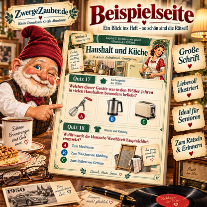 Nostalgisch gestaltetes Werbemotiv mit illustrierten Quiz-Beispielen über Haushaltsgegenstände der 1950er-Jahre und Zwicki.