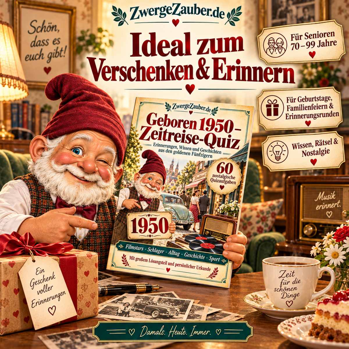 Nostalgisches Zeitreise-Quiz aus den 1950er-Jahren als Geschenkidee für Senioren, den Jahrgang 1950 und gemeinsame Erinnerungsrunden.