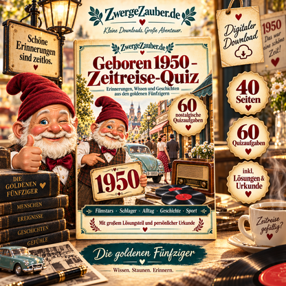 Geboren 1950 – Zeitreise-Quiz von ZwergeZauber mit Zwicki, nostalgischem Titelbild und 60 Quizaufgaben über die 1950er-Jahre.