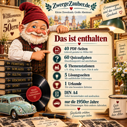 Zwicki präsentiert den Inhalt des Zeitreise-Quiz für den Jahrgang 1950 mit 40 PDF-Seiten, 60 Quizaufgaben, sechs Themenstationen und Urkunde.