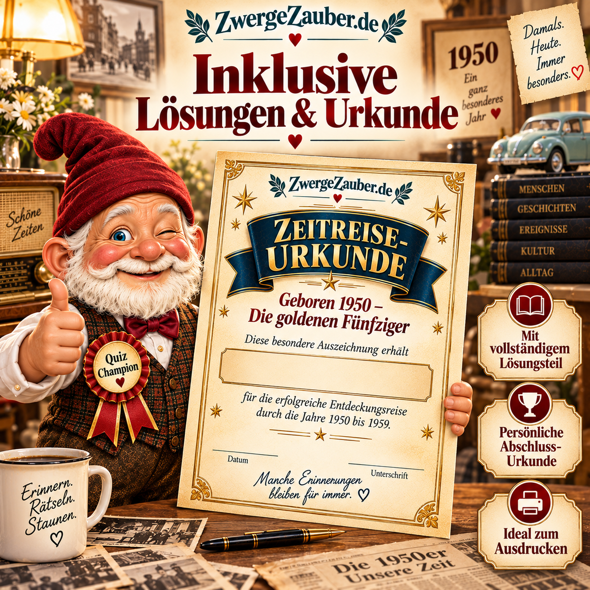 Zwicki zeigt die persönliche Zeitreise-Urkunde des Geboren-1950-Quiz, ergänzt durch fünf Lösungsseiten zum Nachschlagen.